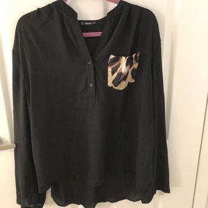 Black Blouse with Cheetah Accent Pocket